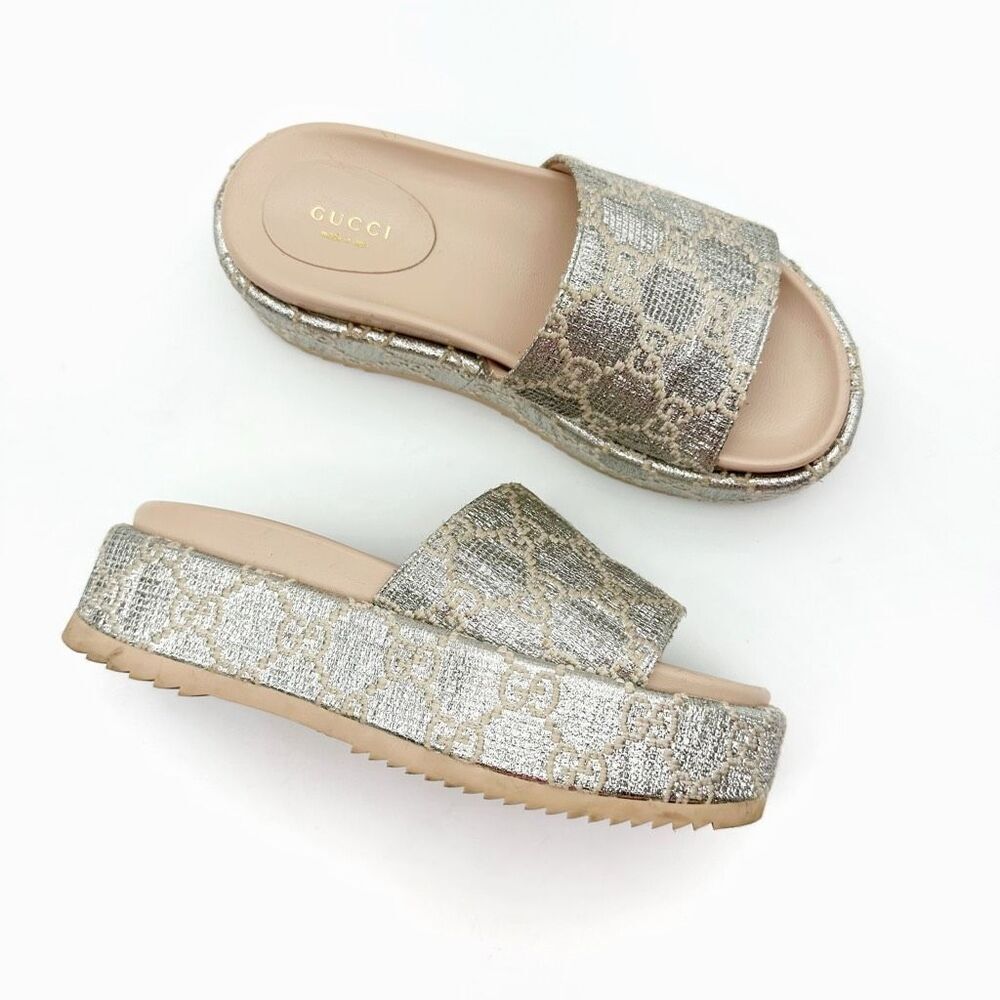 GUCCI Angelina Platform Monogram Lamé Canvas 36.5 US 6.5 GG Supreme Mules